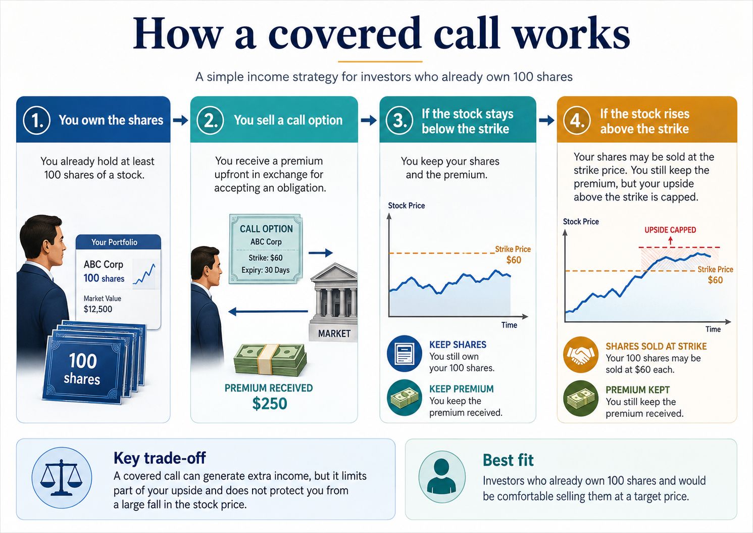 Infographic explaining how a covered call works, showing an investor who owns 100 shares, sells a call option, receives premium, and may have to sell the shares if the stock rises above the strike price.