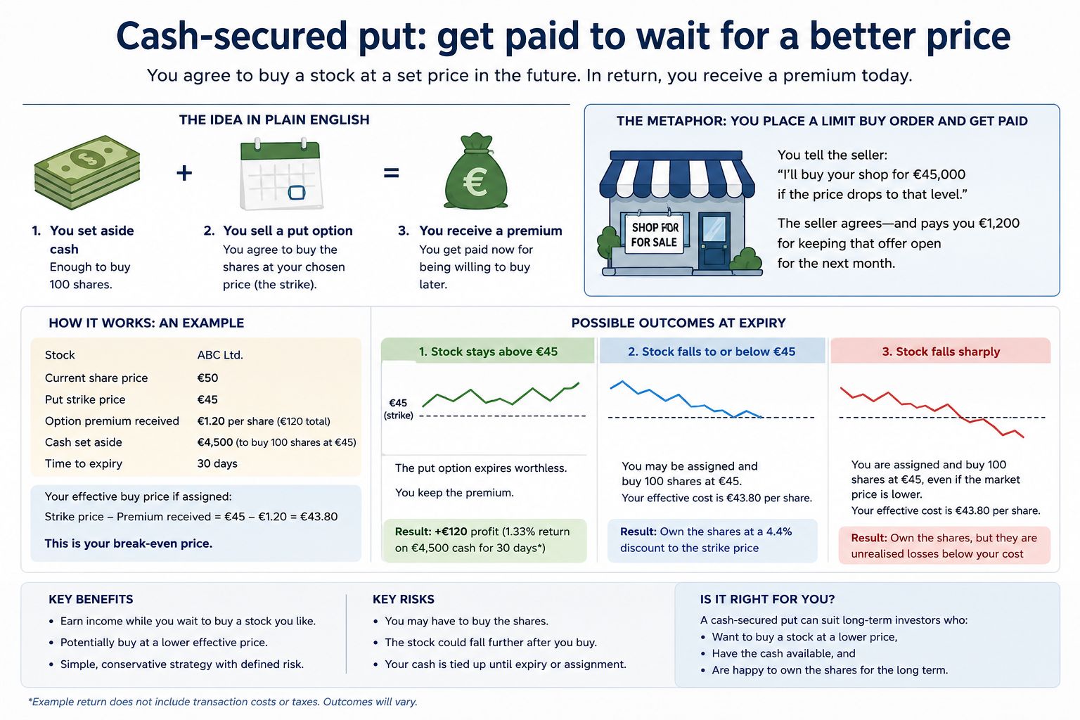 Infographic explaining how a cash-secured put works, showing an investor who sets aside cash, sells a put option, receives premium, and may have to buy 100 shares if the stock falls below the strike price.